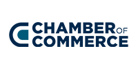 Logo for Chamber of Commerce, blue and teal text on white background.