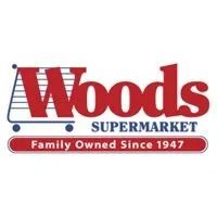 Logo for Woods Supermarket: Red text over a shopping cart graphic. 
