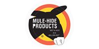 Logo for Mule-Hide Products, a black mule silhouette within a yellow and orange circle, with text.