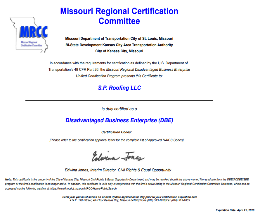 A DBE certificate from the Missouri Regional Certification Committee