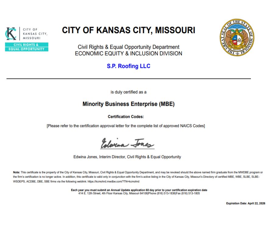 A SLBE certificate from the City of Kansas City, Missouri