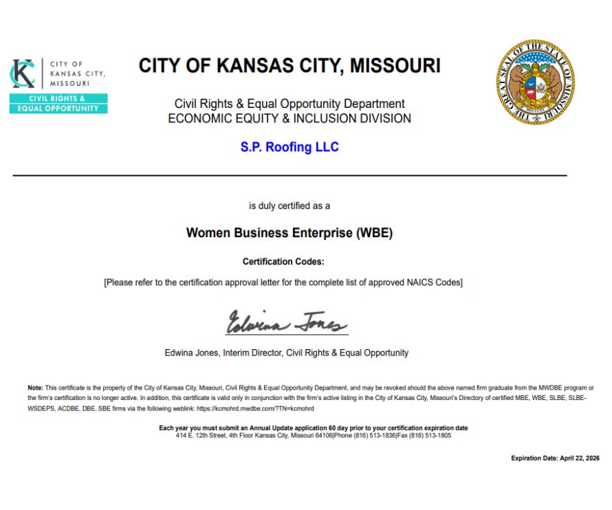 A WBE certificate from the City of Kansas City, Missouri