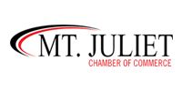 Logo for Mt. Juliet Chamber of Commerce: black text with curved lines and red accents.