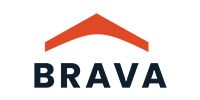Logo for BRAVA. An orange, curved shape sits atop the word BRAVA in navy blue.