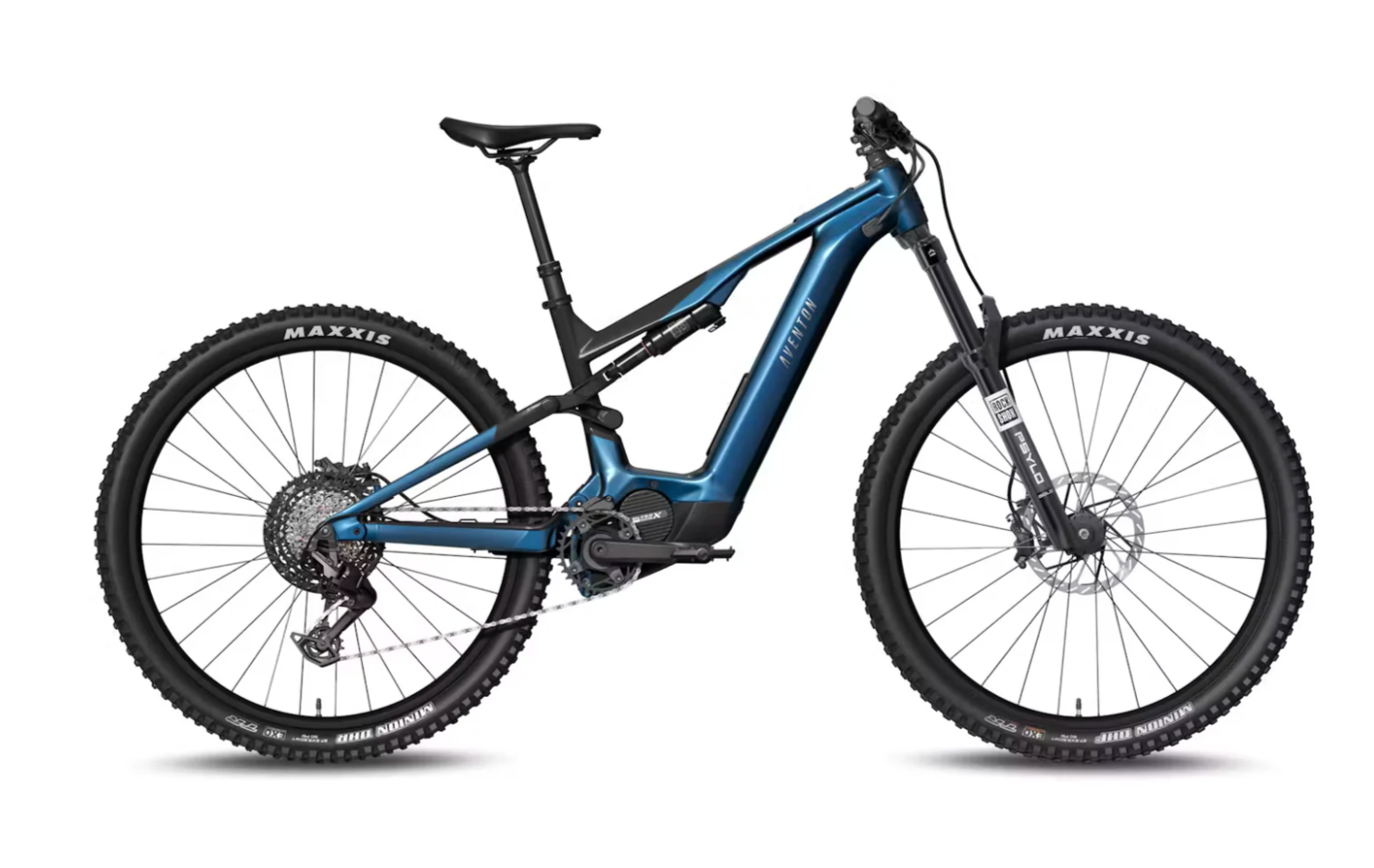 Blue and black electric mountain bike in profile on a white background