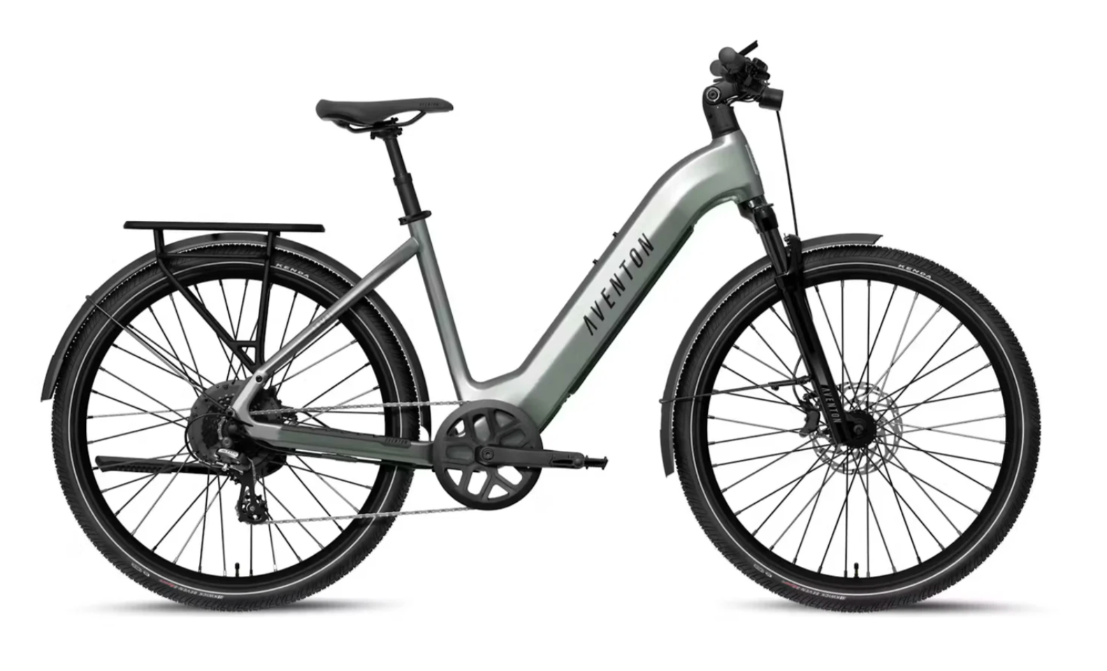 Gray electric bicycle with black tires, rear rack, and step-through frame on a white background
