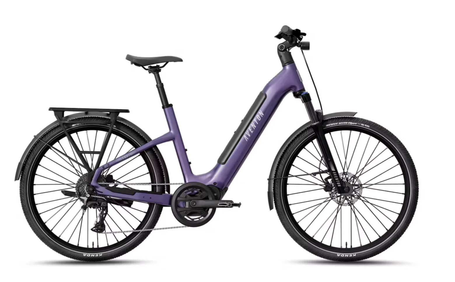 Purple electric bicycle with rear cargo rack, shown in side view on a white background