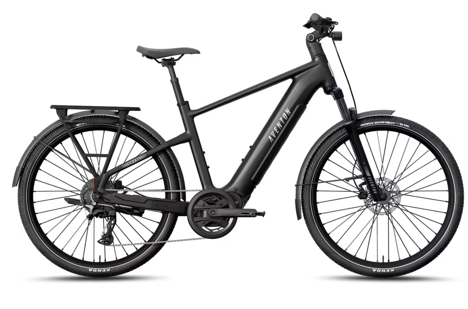Black electric bicycle with front suspension, rear rack, and wide tires on a white background