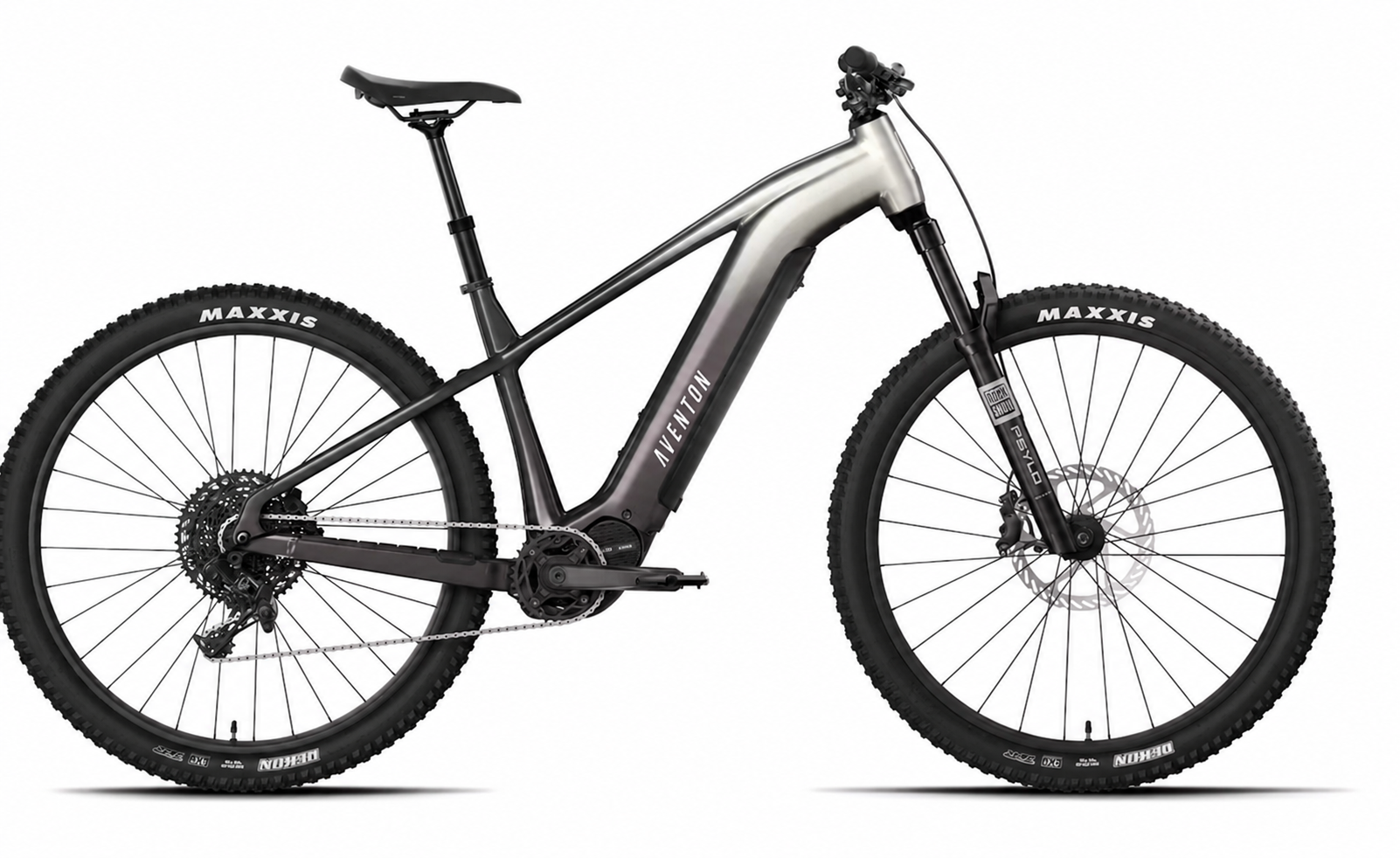 Black and gray electric mountain bike shown in side view on a white background