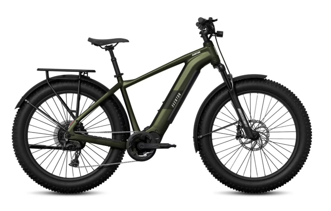 Olive green electric mountain bike with black wheels and frame, shown on a white background