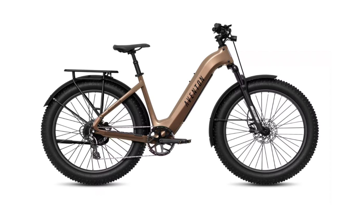 Brown electric cargo bike with black wheels and rear rack, shown side view on a white background