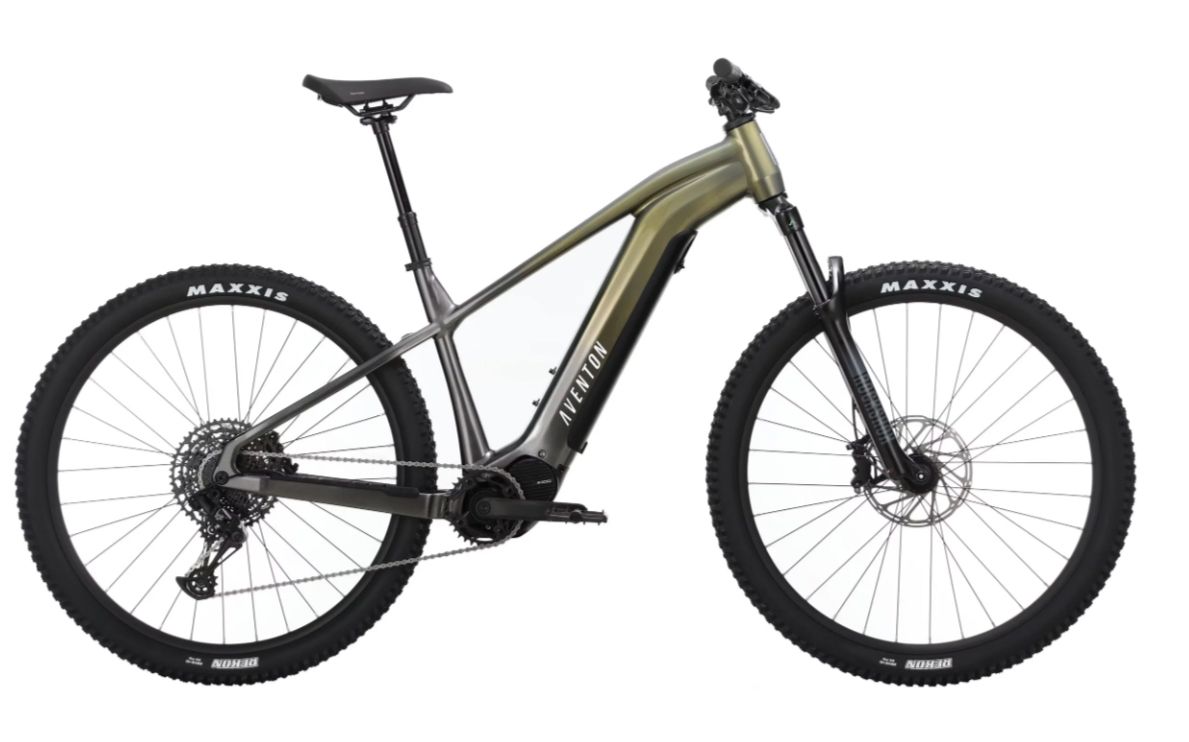 Olive-green electric mountain bike with black frame and thick tires on a white background