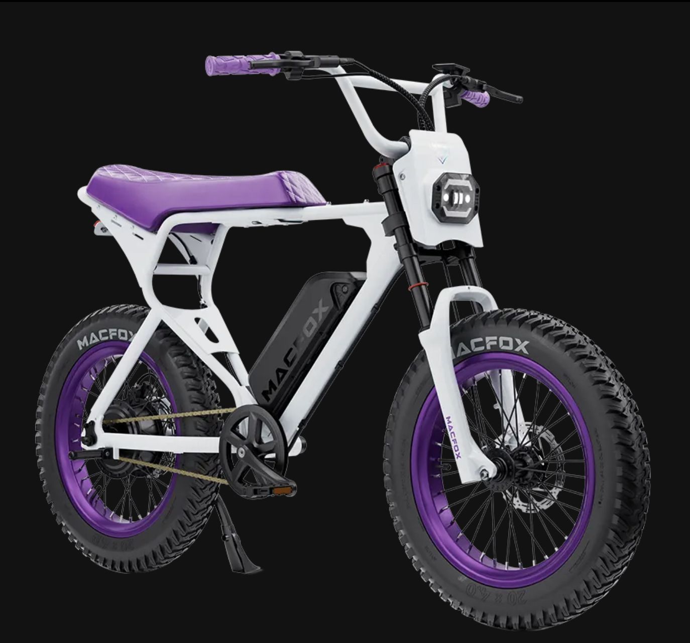 White and purple fat-tire electric bike on a dark background