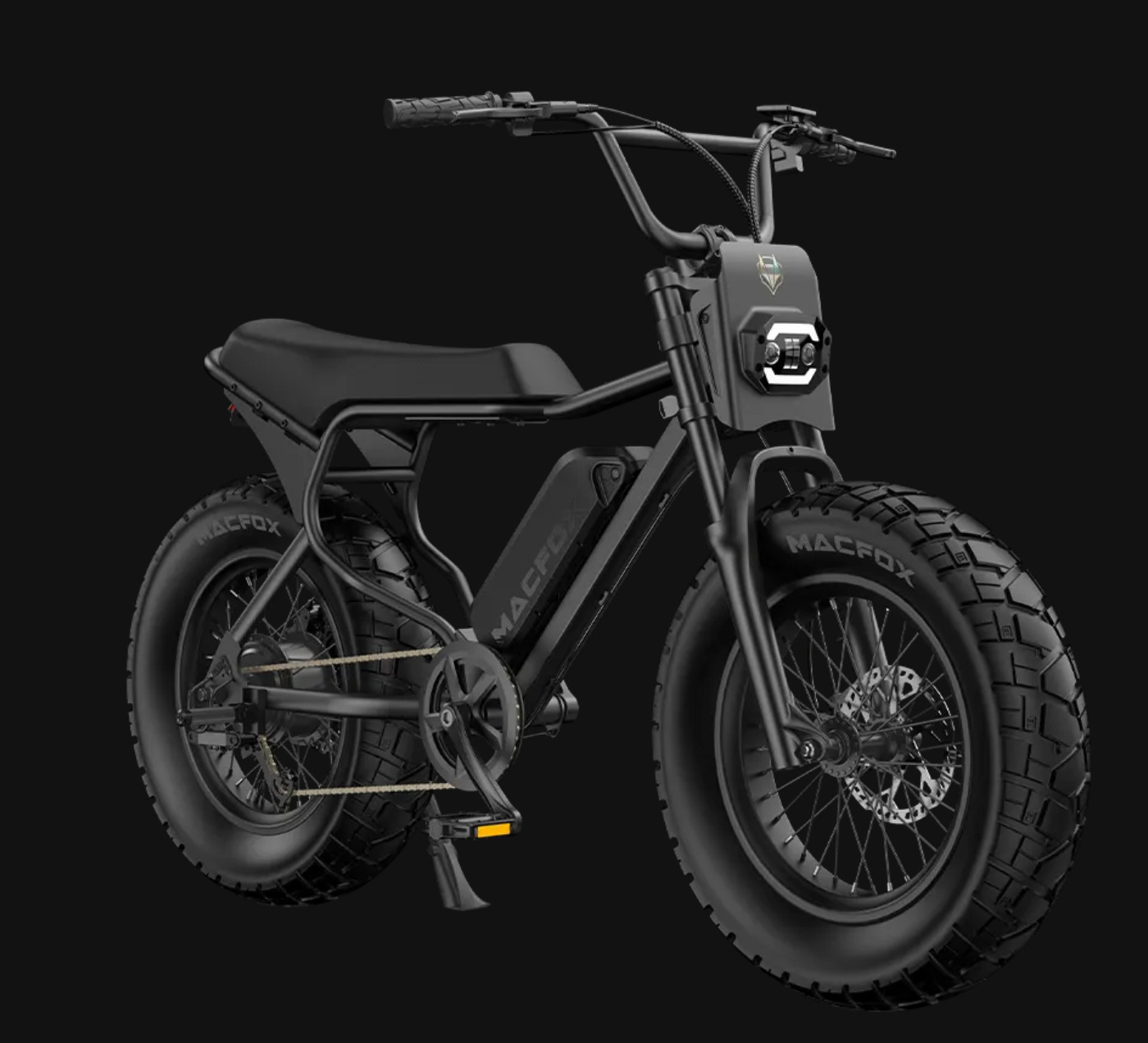 Black electric fat-tire bike with a sturdy frame on a dark background