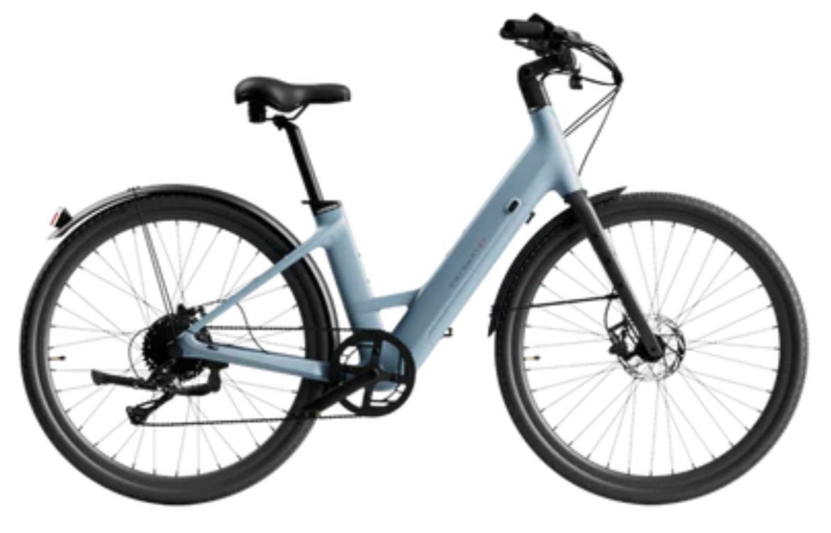 Light blue electric bicycle with black accents on a white background