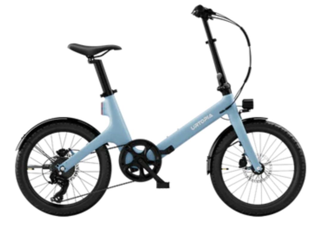 Light blue folding bicycle with black wheels and handlebars on a white background