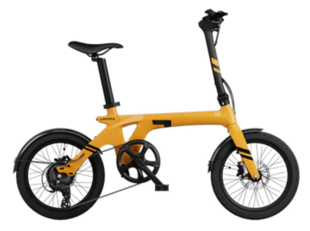 Yellow folding bicycle with black wheels and saddle on a white background