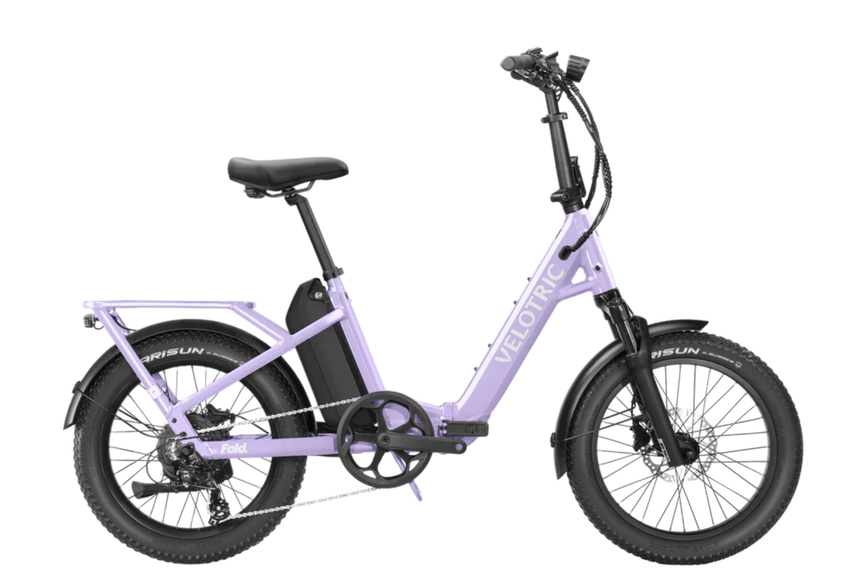 Lavender folding electric bike on a white background