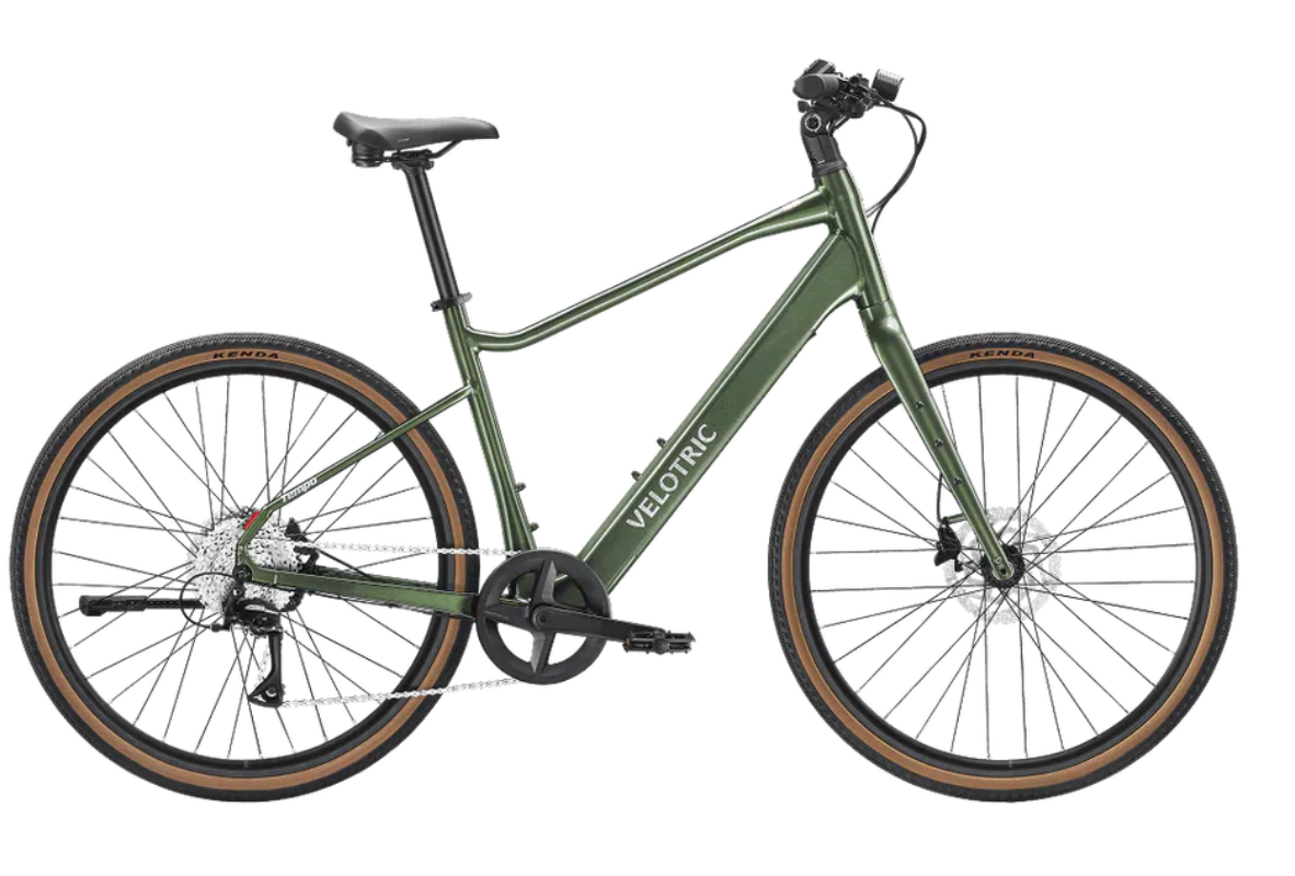 Green mountain bike with brown tires and black components on a white background