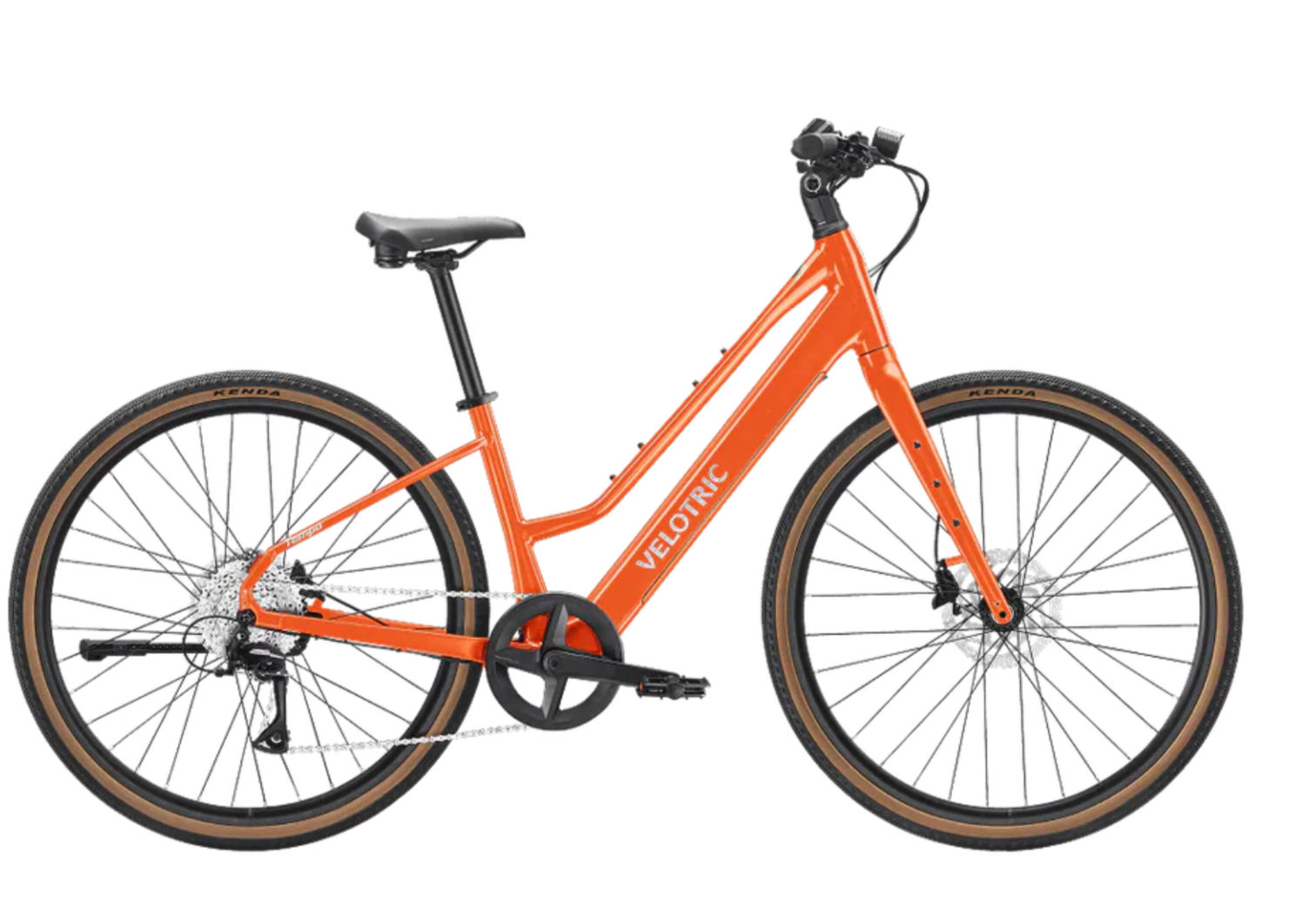 Orange mountain bike with black seat and wheels, shown side view on a white background