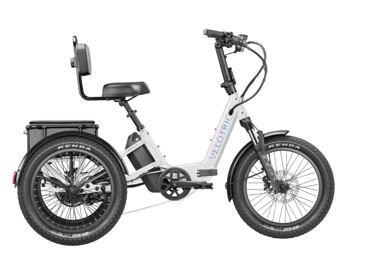 White three-wheeled electric cargo bike with rear seat and large back basket on a white background
