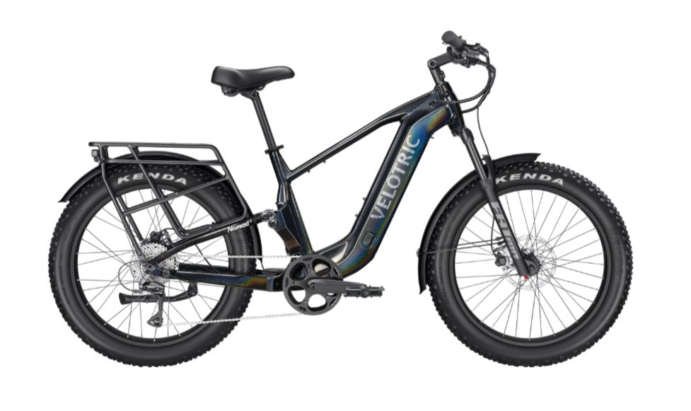Black electric fat-tire bike with rear cargo rack on a white background