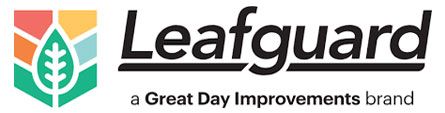 Leafguard logo with green leaf icon and orange/yellow roof shapes, plus “a Great Day Improvements brand” text
