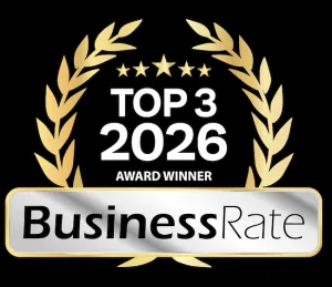 Gold laurel award badge reading “TOP 3 2026 AWARD WINNER” with BusinessRate logo