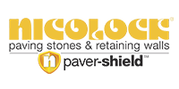 Nicorock logo: gold text, paving stones & retaining walls, gold shield with 