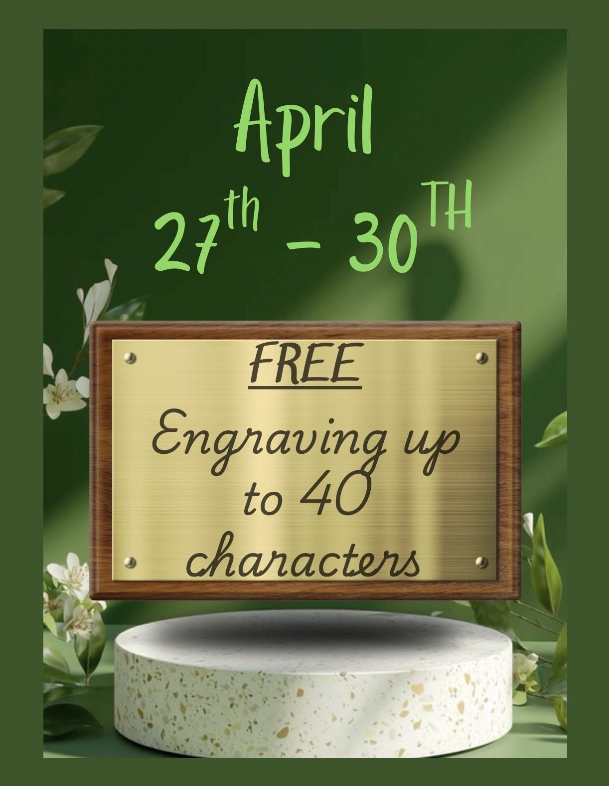 A promotional graphic for free engraving up to 40 characters, available from April 27th to 30th on a gold-toned plaque.
