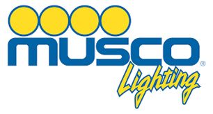 Musco Lighting logo: blue stylized text with four yellow circles above; 