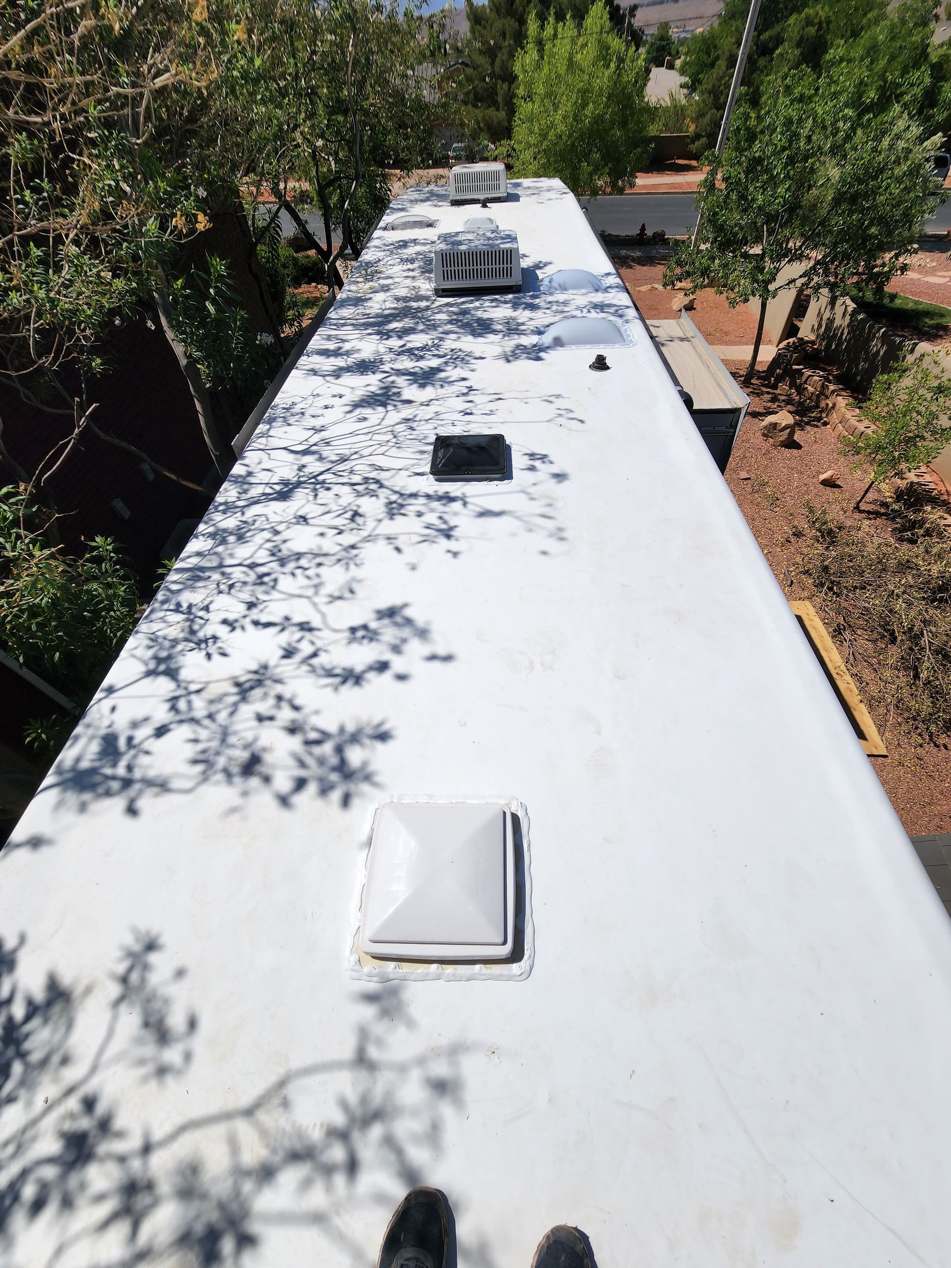 White RV roof with vents and shadows from trees.