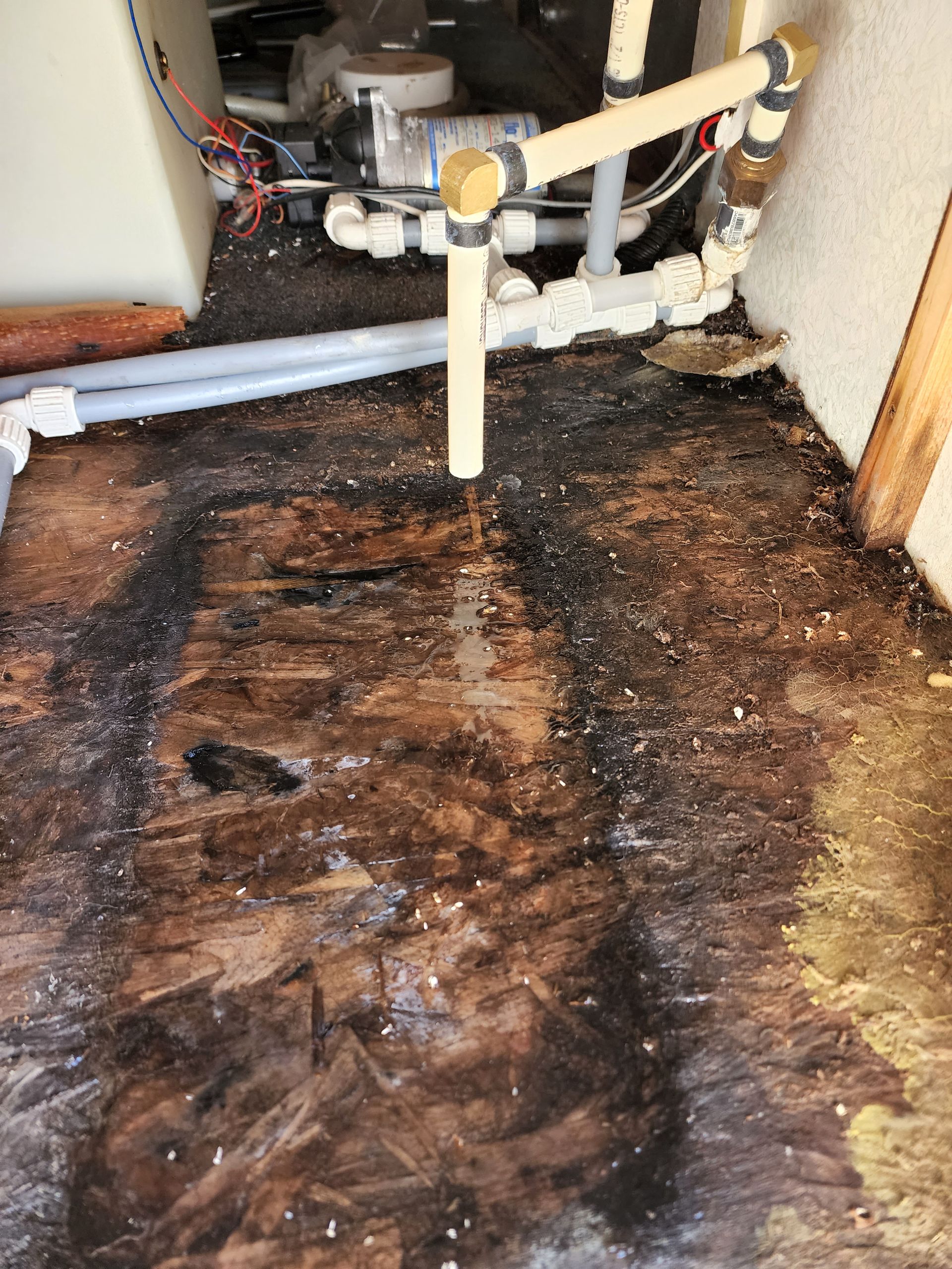 Rotting RV floor with water pipes and pump visible.