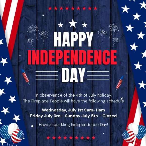 Blue Independence Day flyer with stars, fireworks, and red-white stripes announcing holiday office closure dates