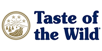 Logo for Taste of the Wild, featuring a circular emblem with a mountain, stream, and trees, next to blue text.