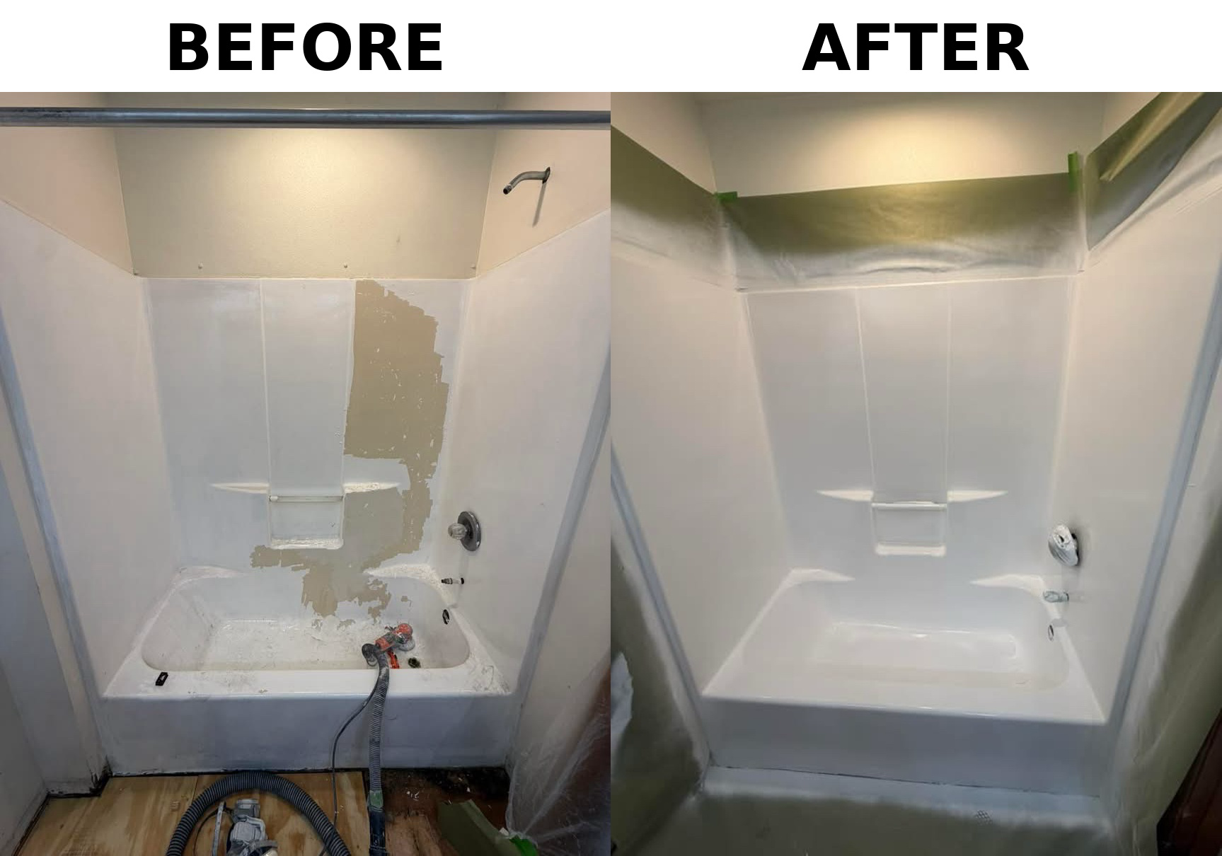 Before-and-after view of a bathtub alcove repair, with patched walls and finished white surround.