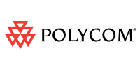 Polycom logo: Red geometric design with text 