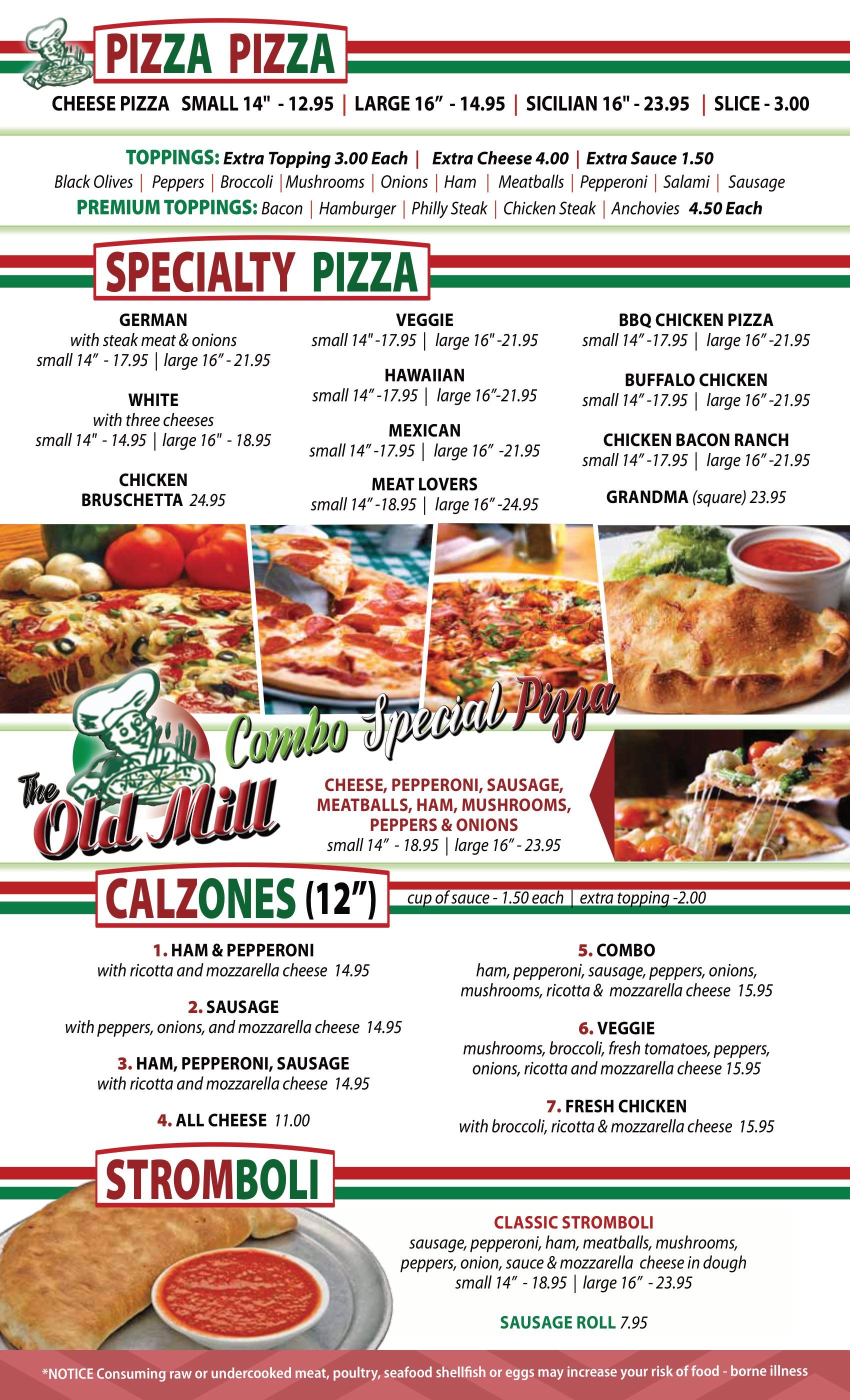 Menu Old Mill Pizzeria