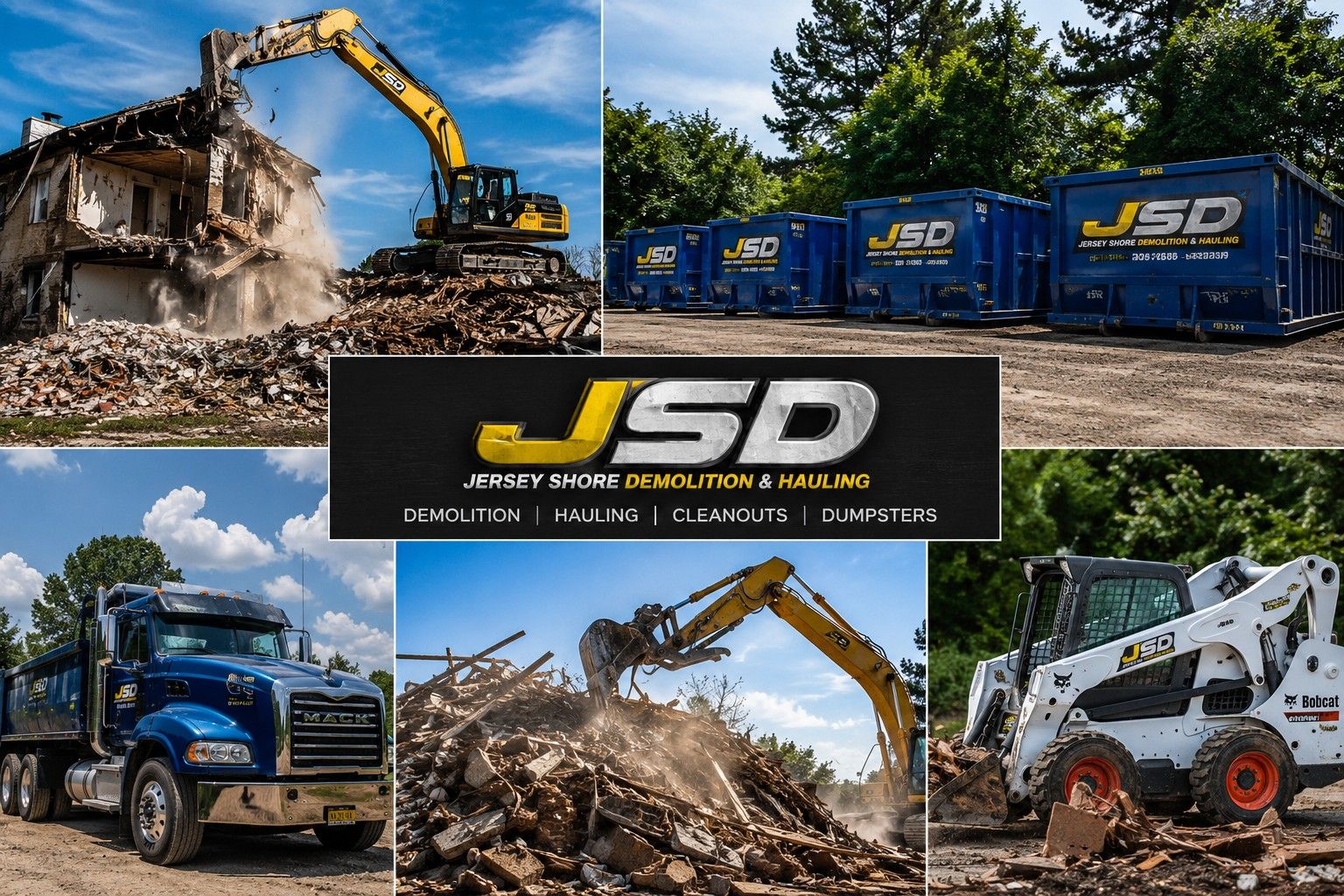 JSD excavation collage with yellow excavator, blue trucks, dumpster bins, and demolition debris on job sites