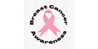 Pink breast cancer awareness ribbon within a circle, text reads Breast Cancer Awareness.