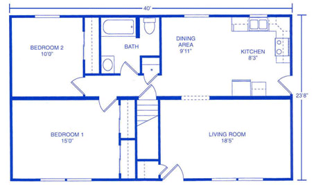 Floor plan of a rectangular home with a living room, kitchen, dining area, bathroom, and two bedrooms.
