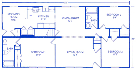A blue floor plan for a 54' by 28' home featuring three bedrooms, two bathrooms, a living room, dining room, and kitchen.