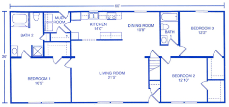 Floor plan for a residential home measuring 60 by 28 feet, featuring three bedrooms, two bathrooms, and a central living area.