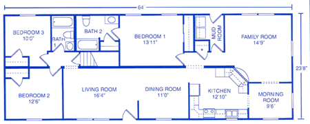 A floor plan layout of a residential home, showing dimensions, room locations, and interior walls in a dark blue outline.