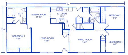 Floor plan for a rectangular home featuring a living room, family room, kitchen, dining area, three bedrooms, and two baths.