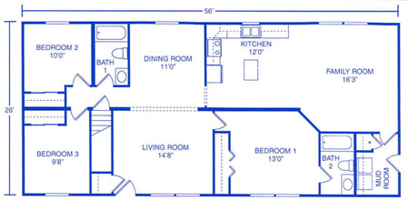 A floor plan of a 56' by 26' home featuring three bedrooms, two bathrooms, a living room, dining room, kitchen, and mudroom.