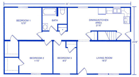 Floor plan for a house layout showing three bedrooms, one bathroom, a kitchen/dining area, and a living room.
