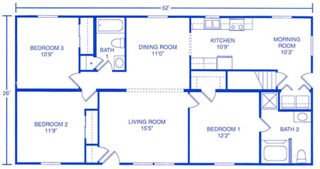 A floor plan showing a 52' by 28' rectangular home with three bedrooms, two bathrooms, a living room, dining, and kitchen.