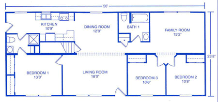 Floor plan showing the layout of a single-story home with a kitchen, dining room, living room, three bedrooms, and a bath.