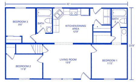 A blue floor plan for a 3-bedroom, 2-bathroom home featuring a kitchen/dining area, living room, and closet spaces.